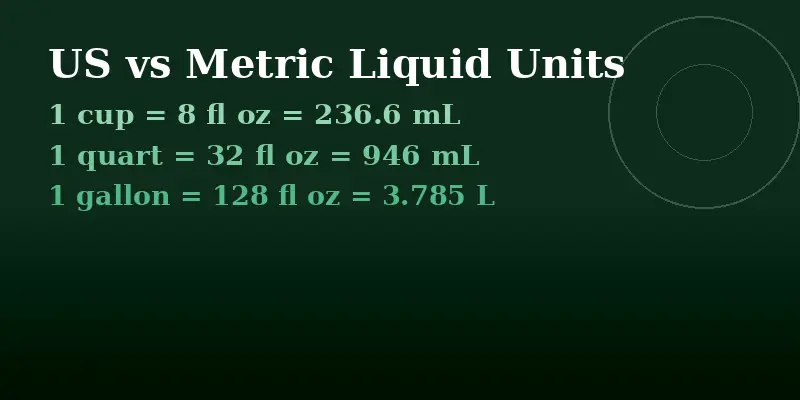 US vs metric liquid measurement chart — cups, fluid ounces, quarts, gallons, and liters compared